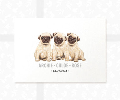 Pug Personalised Baby Name Print for Triplets