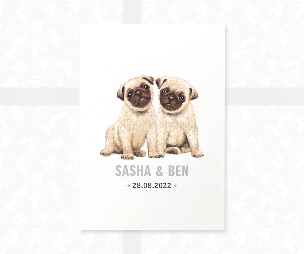 Pug Personalised Baby Name Print for Twins