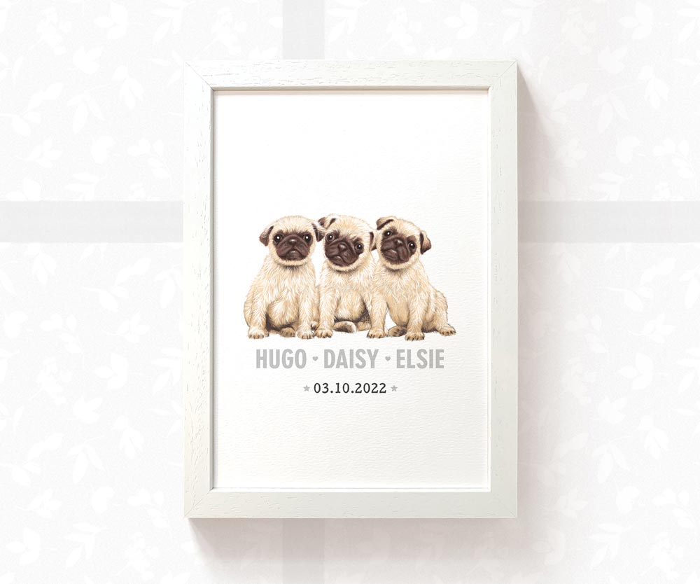 Pug Personalised Baby Name Print for Triplets