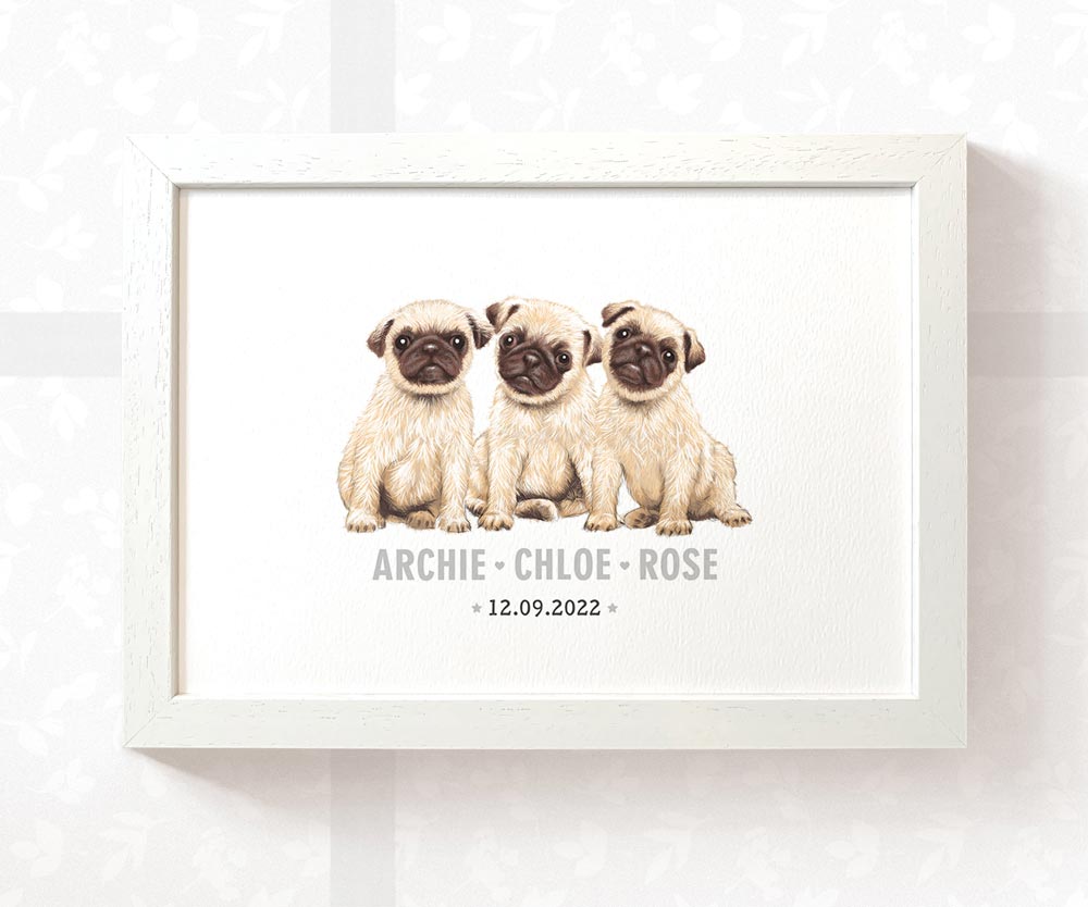 Pug Personalised Baby Name Print for Triplets