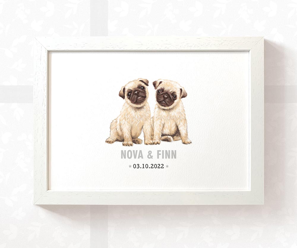 Pug Personalised Baby Name Print for Twins