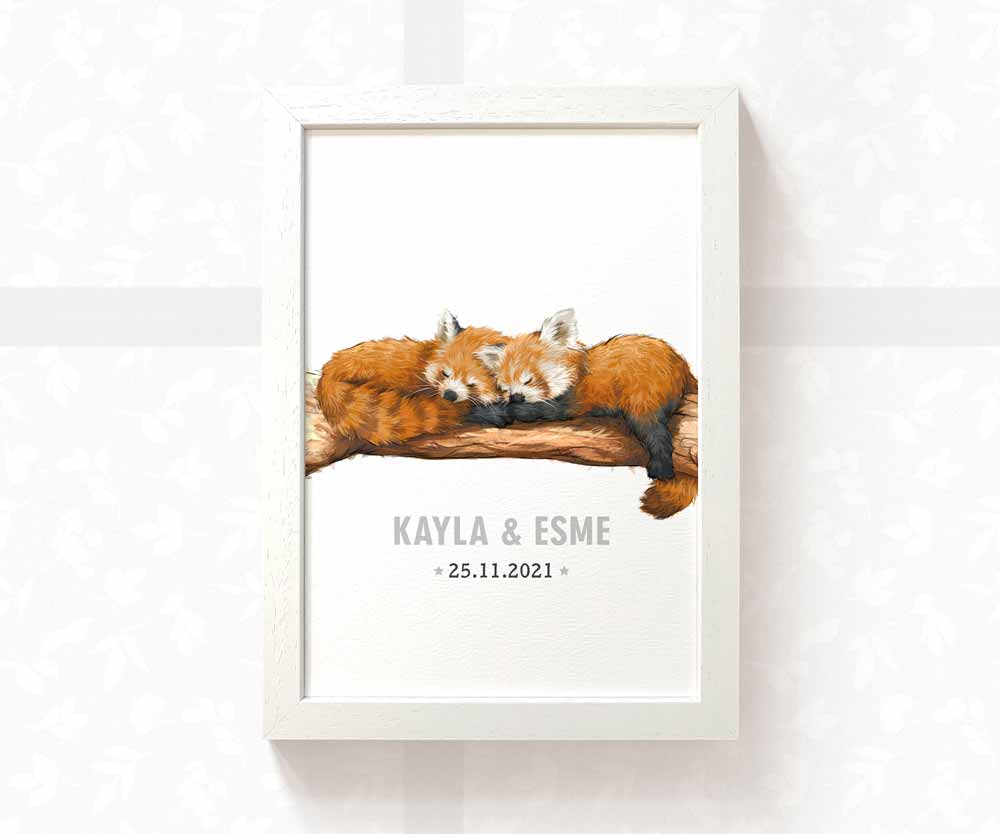 Red Panda Personalised Baby Name Print for Twins