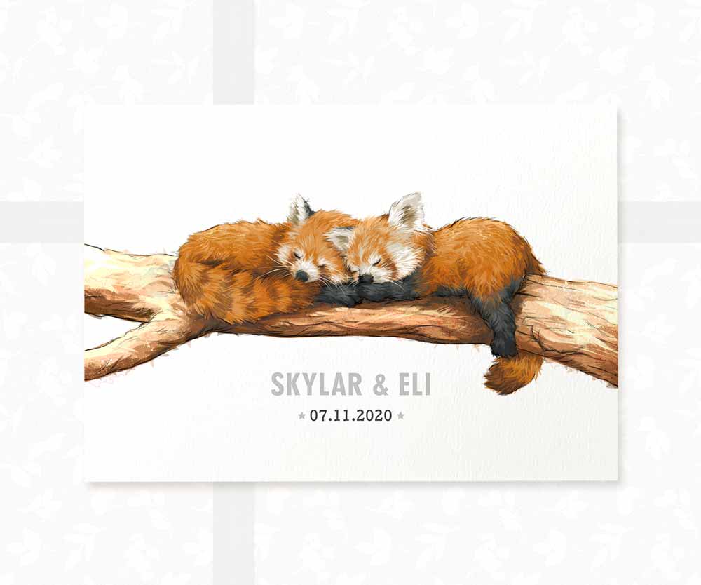 Red Panda Personalised Baby Name Print for Twins