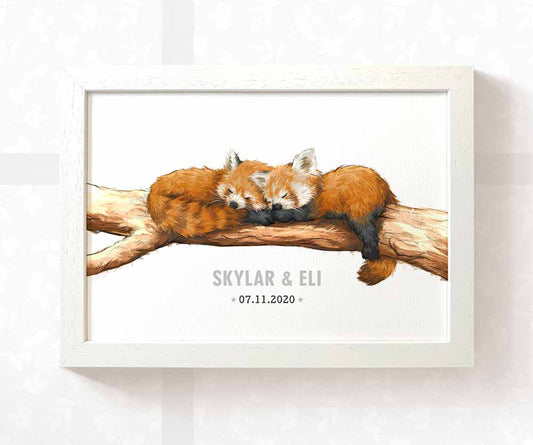 Red Panda Personalised Baby Name Print for Twins