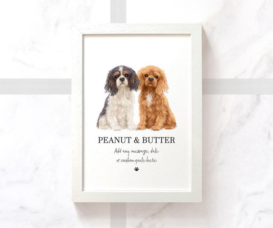 cavalier king charles spaniel dogs illustrated print in A4 frame with personalised pet names and message