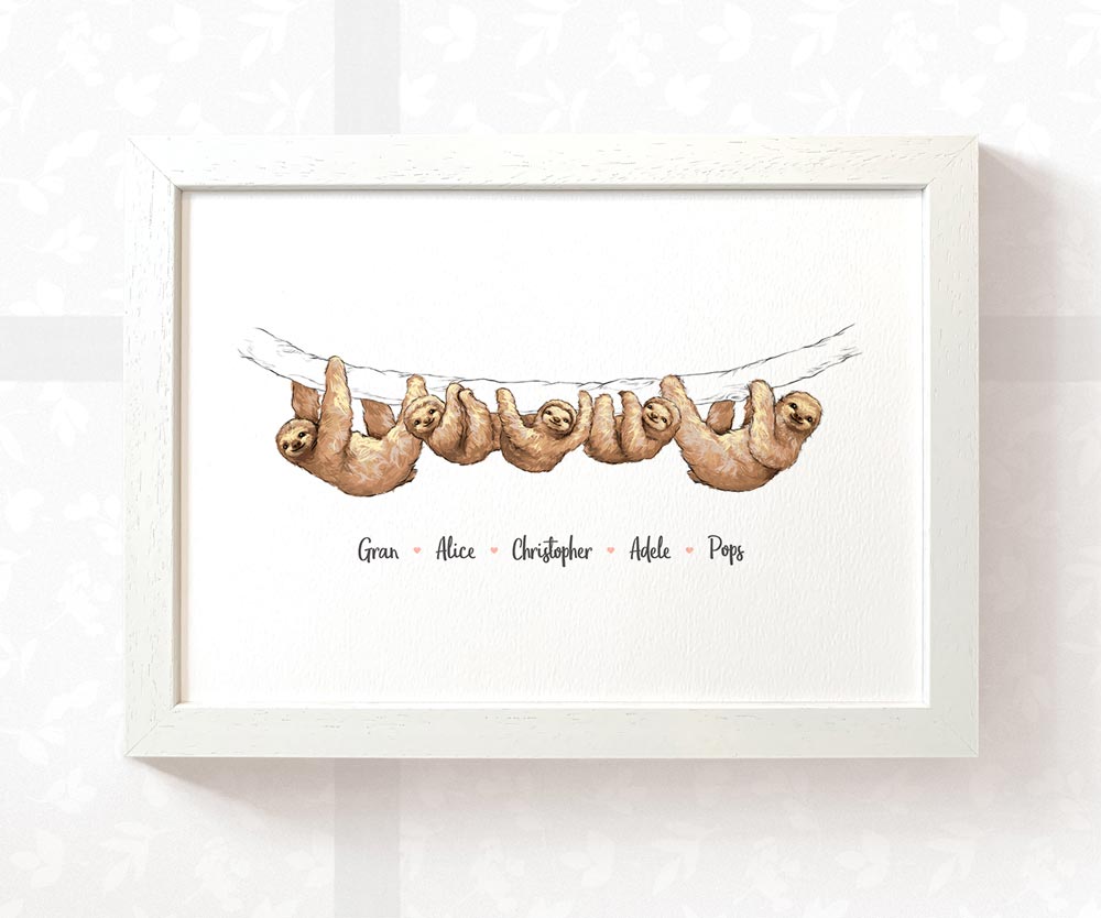 Sloth A3 framed family print featuring grandma grandad and grandchildren personalised with names for the best grandparents gift