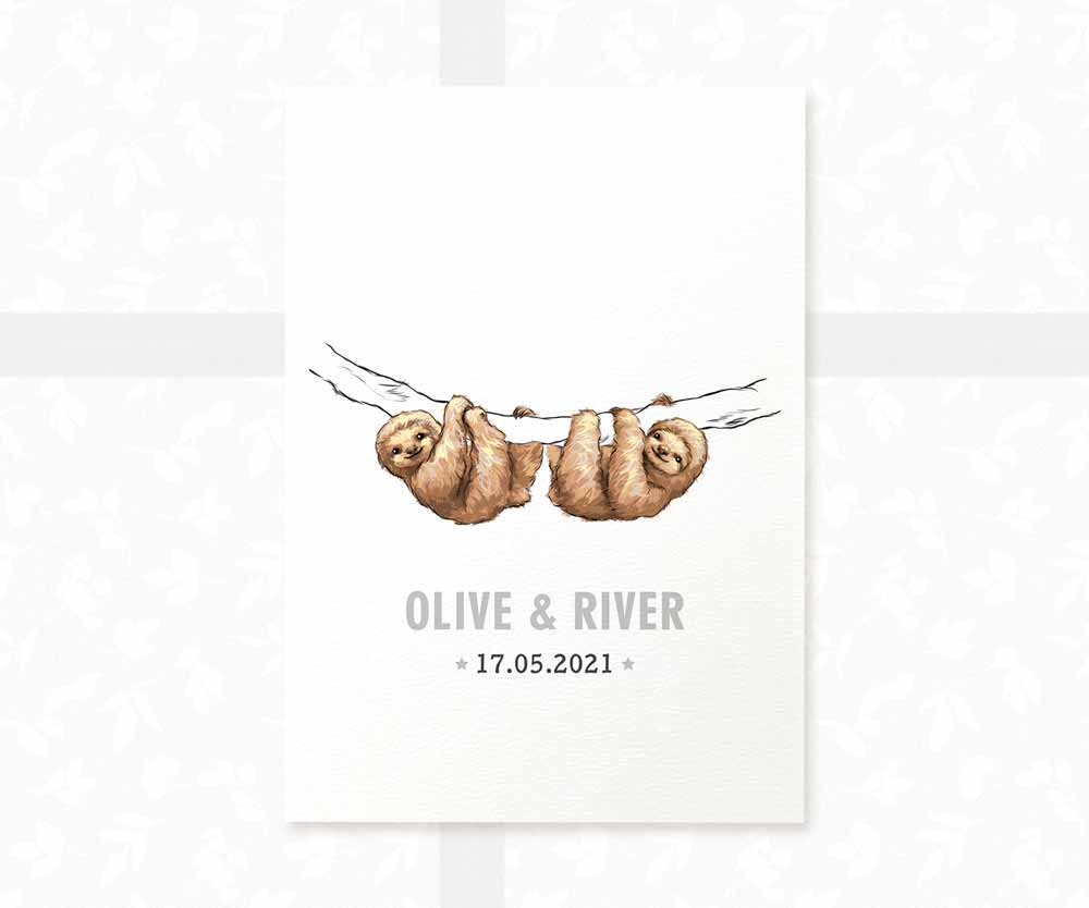 Sloth Personalised Baby Name Print for Twins