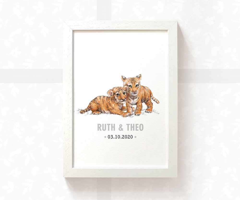Tiger Personalised Baby Name Print for Twins