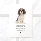 Tricolour cavalier king charles spaniel dog wall art on A4 textured paper with personalised pet name and message