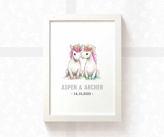 Unicorn Personalised Baby Name Print for Twins