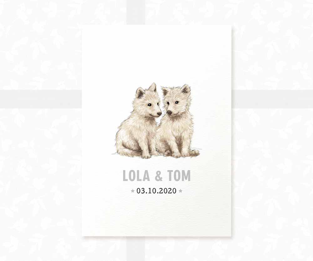 Wolf Personalised Baby Name Print for Twins