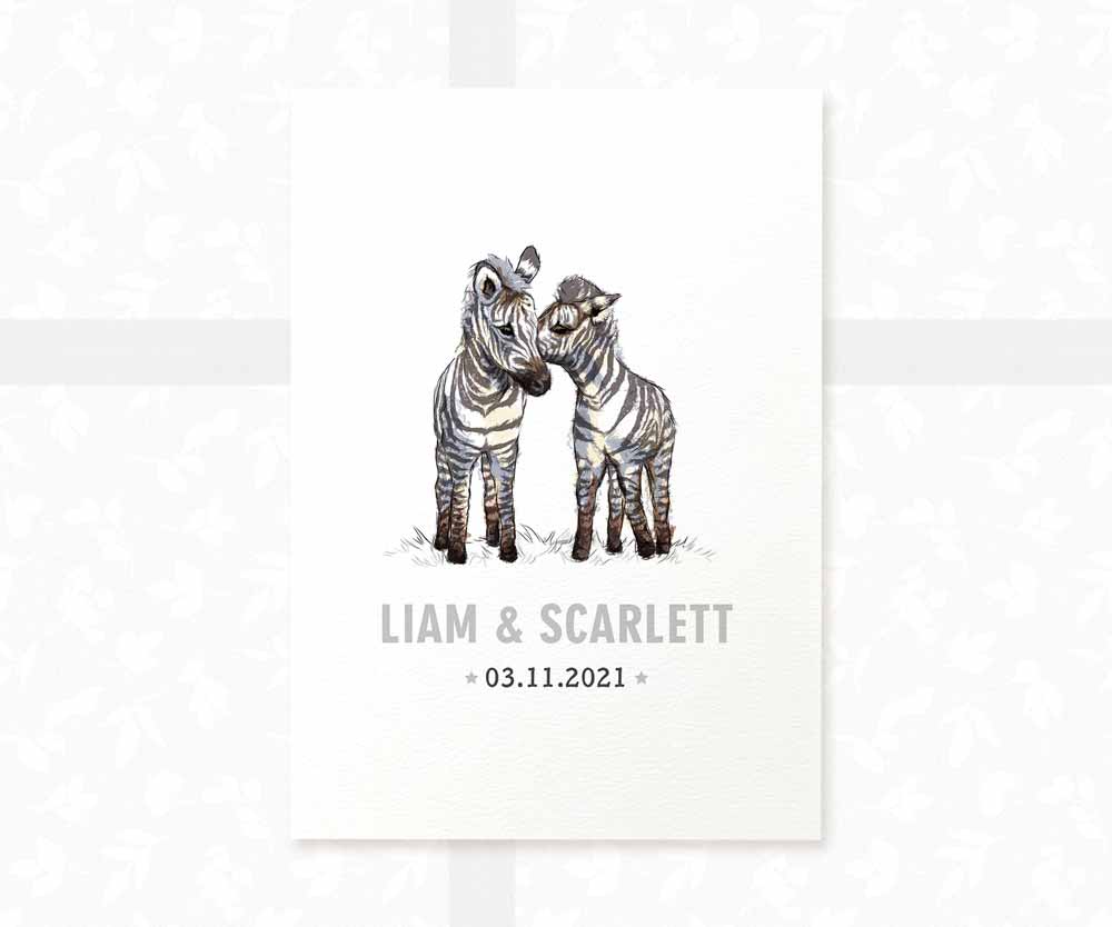 Zebra Personalised Baby Name Print for Twins