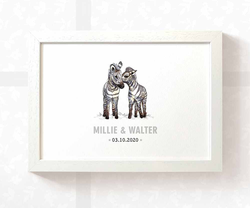 Zebra Personalised Baby Name Print for Twins