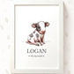 A framed personalized baby nursery print featuring a watercolor illustration of a black and white calf. The print is personalized with the name 'LOGAN' and the date '18.
