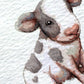 Watercolor-style illustration of a cow with a white and gray spotted coat, shown against a textured off-white background.