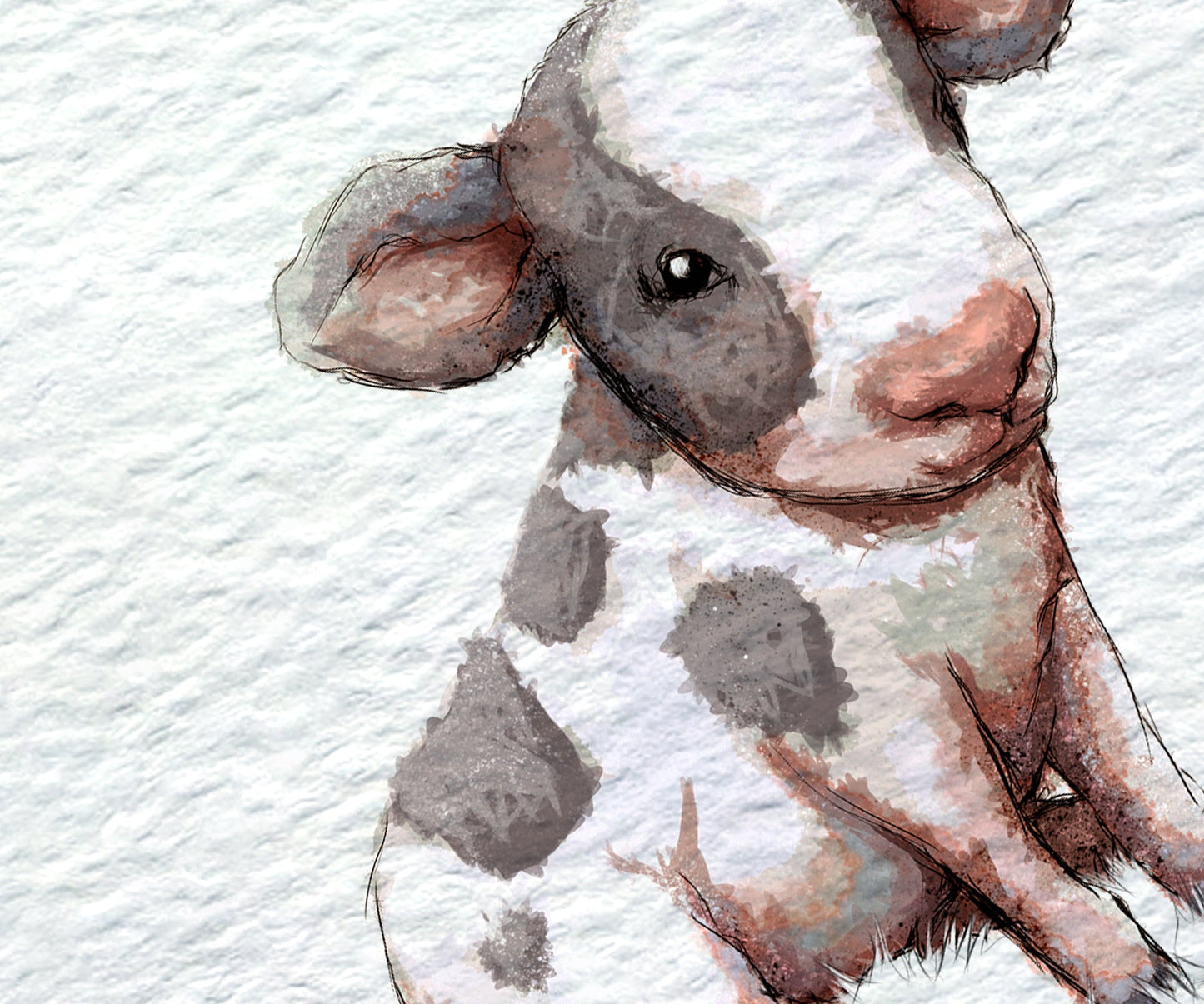 Watercolor-style illustration of a cow with a white and gray spotted coat, shown against a textured off-white background.