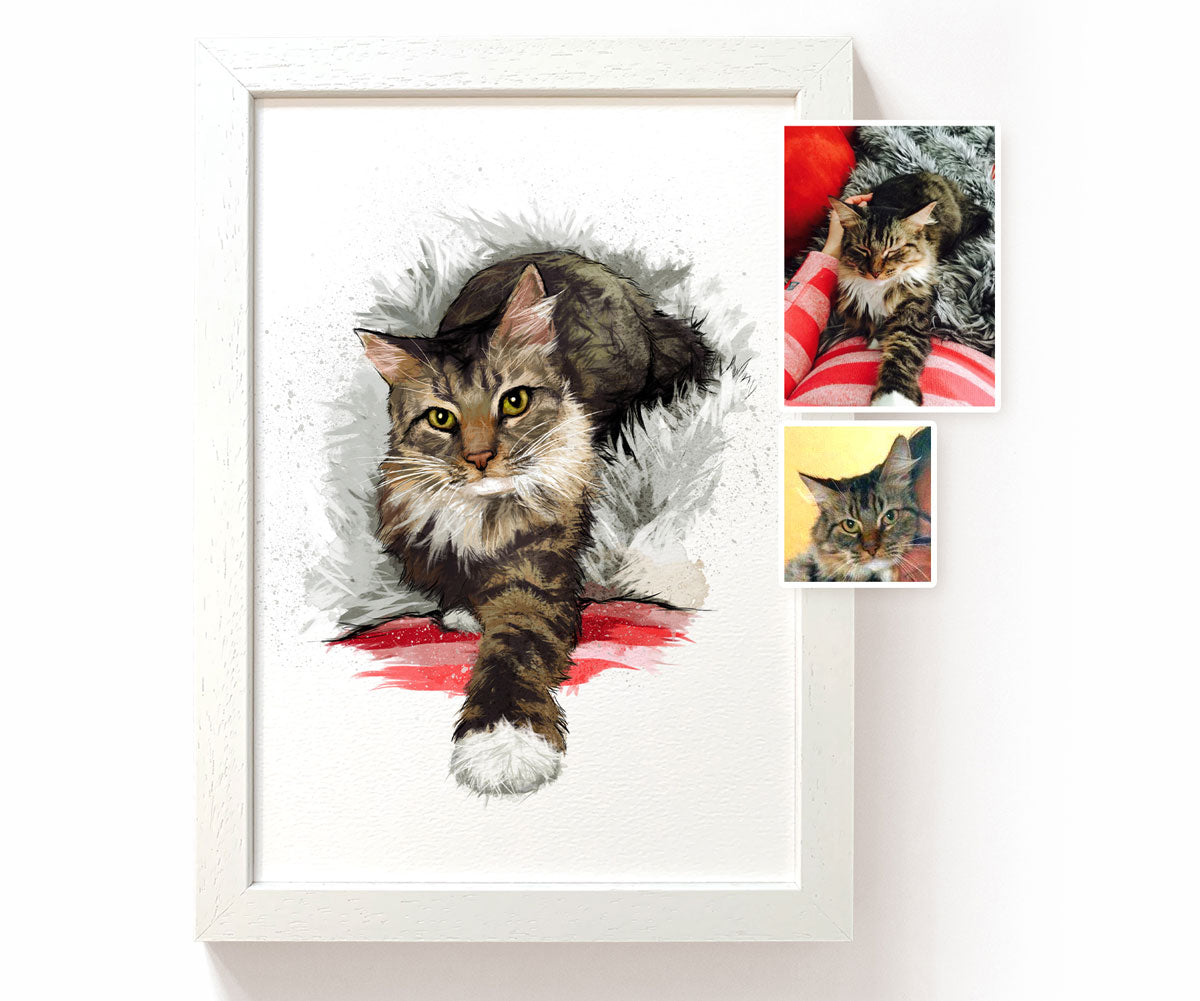 Custom cat portrait from photo with personalised pet artwork and reference photograph