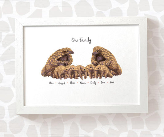 Custom pangolin family print with names under each