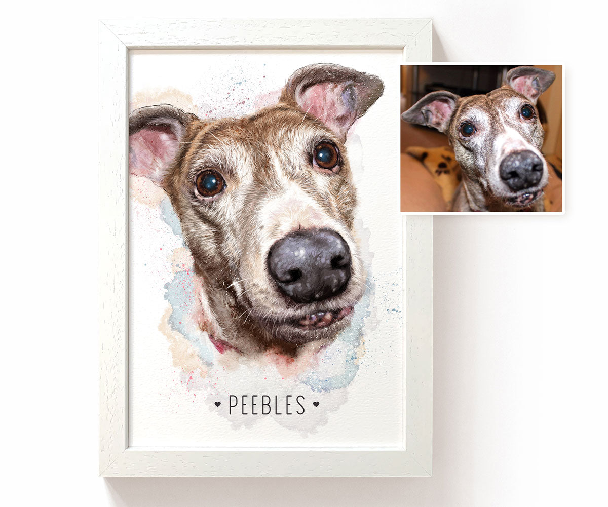 Personalised dog portrait from photo featuring custom pet artwork with pet name