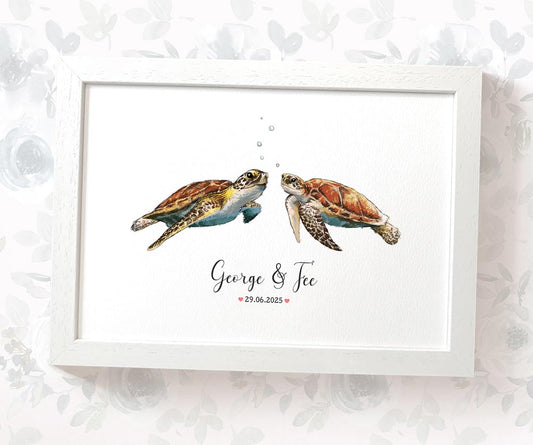 Two sea turtles swimming in personalized print