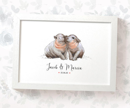Two hippos cuddling in custom anniversary print