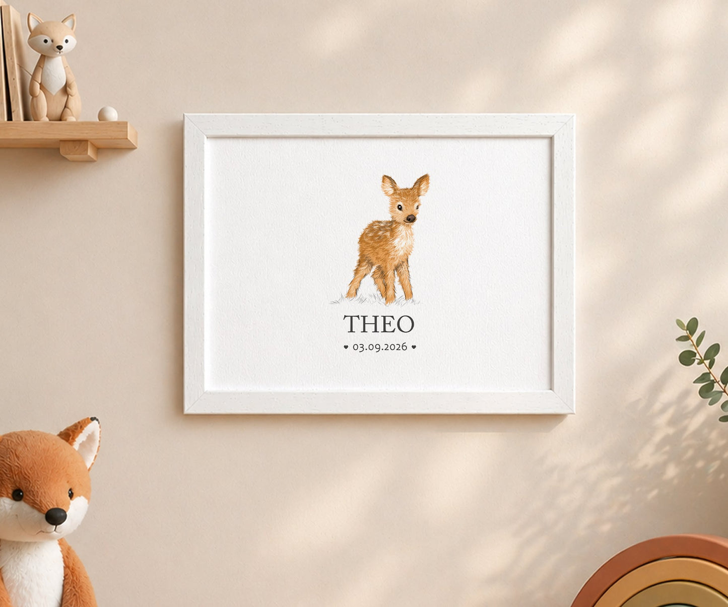 A framed personalized animal print featuring a watercolor fawn with the name 'THEO' and date '03.09.