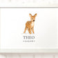 A framed personalized art print featuring a watercolor illustration of a young brown deer standing on white paper, with the name 'THEO' and the date '03.09.