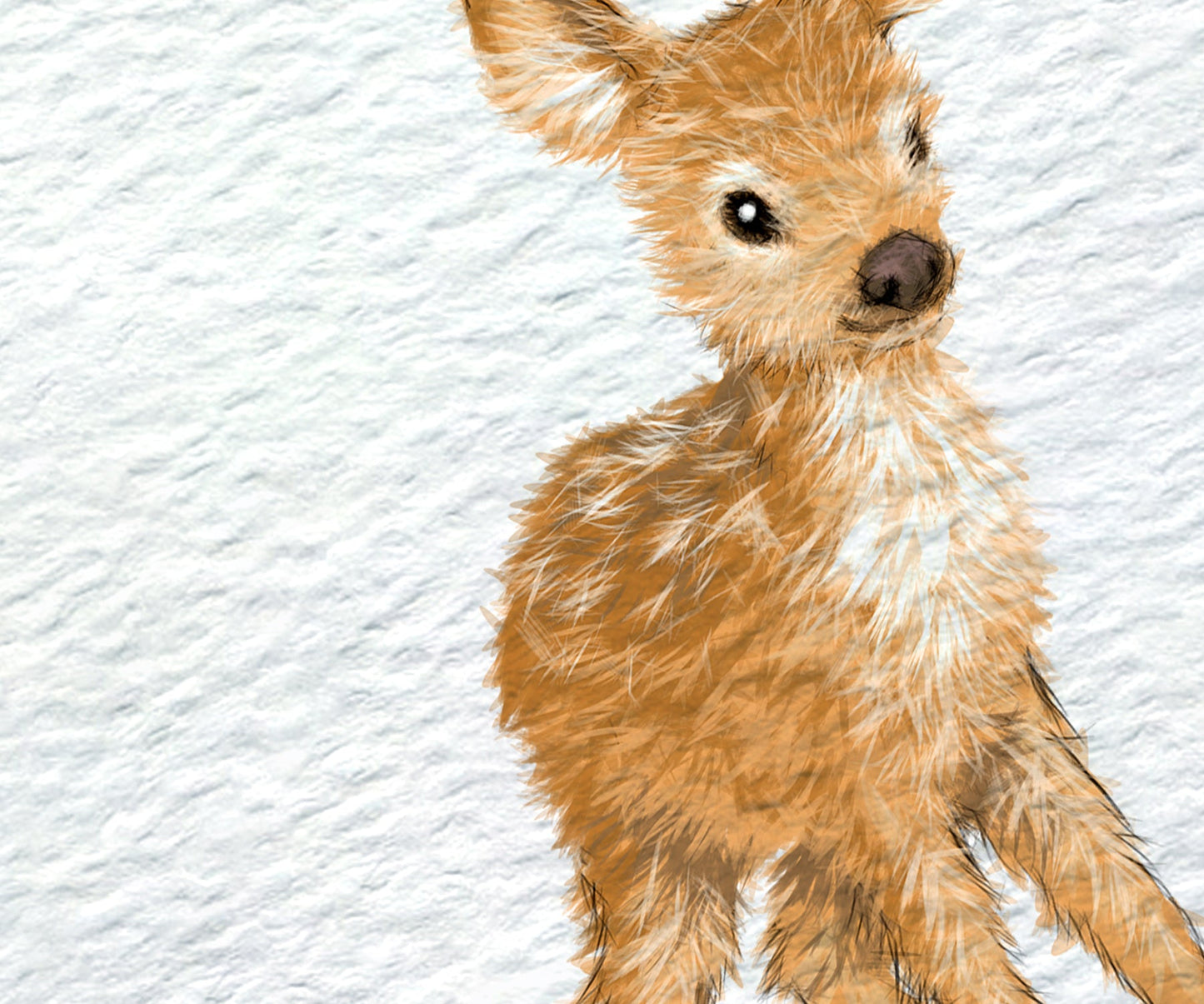 A watercolor-style illustration of a young deer fawn with light brown and white fur, set against a textured white background.
