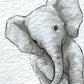 A monochrome watercolor-style drawing of a baby elephant on a textured white background.
