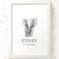A framed personalized baby elephant art print featuring a black and white sketch of a baby elephant with the name 'ETHAN' and date '01.08.