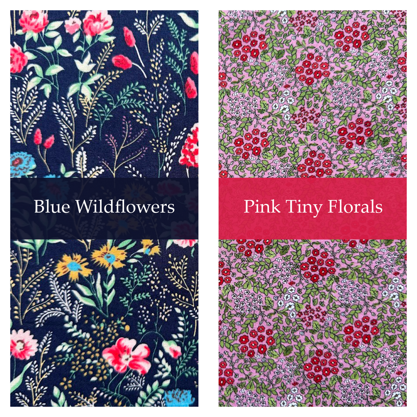 Blue wildflowers and pink tiny floral patterned cotton fabric options for handmade dog blanket