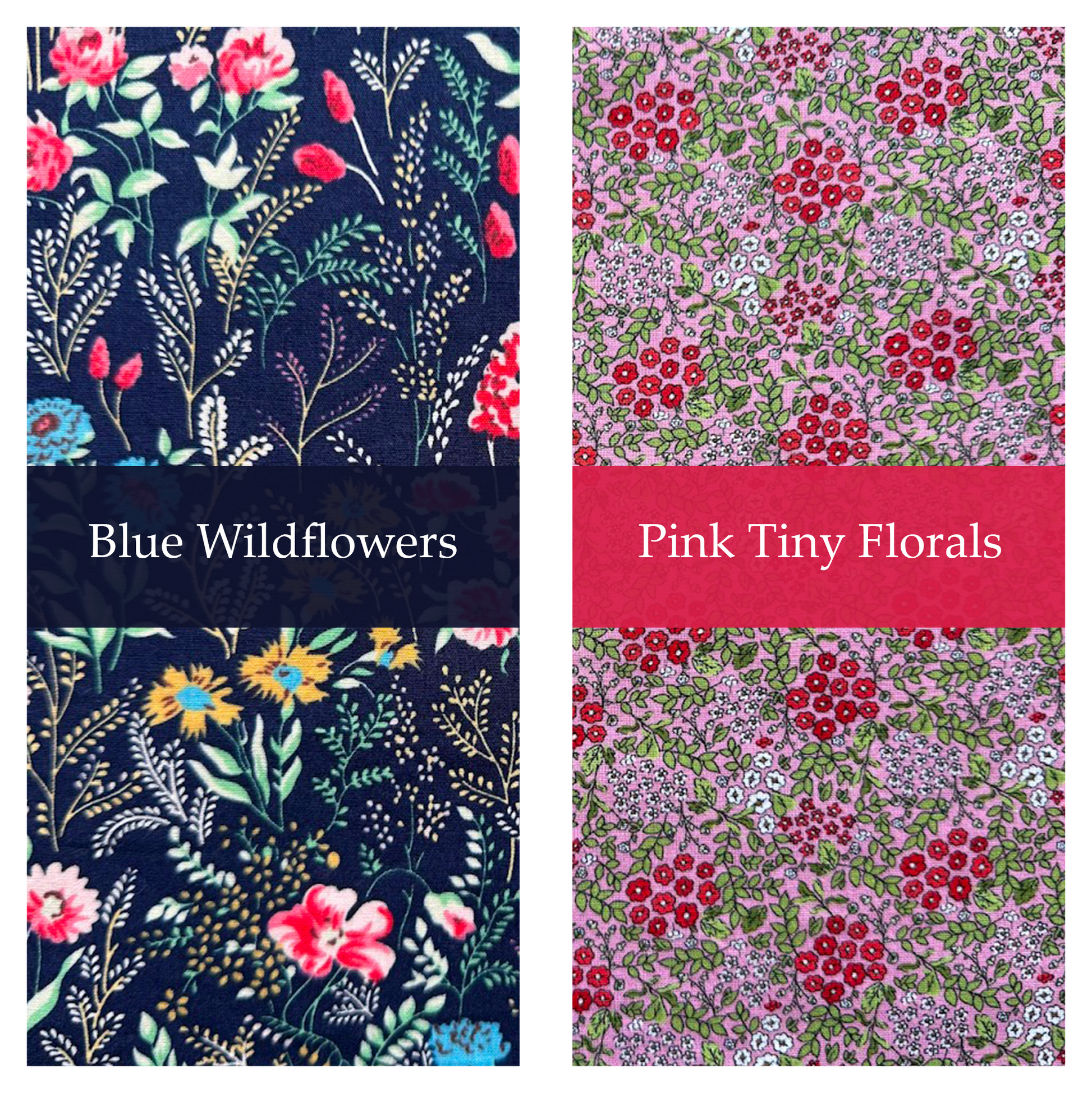 Blue wildflowers and pink tiny floral patterned cotton fabric options for handmade dog blanket