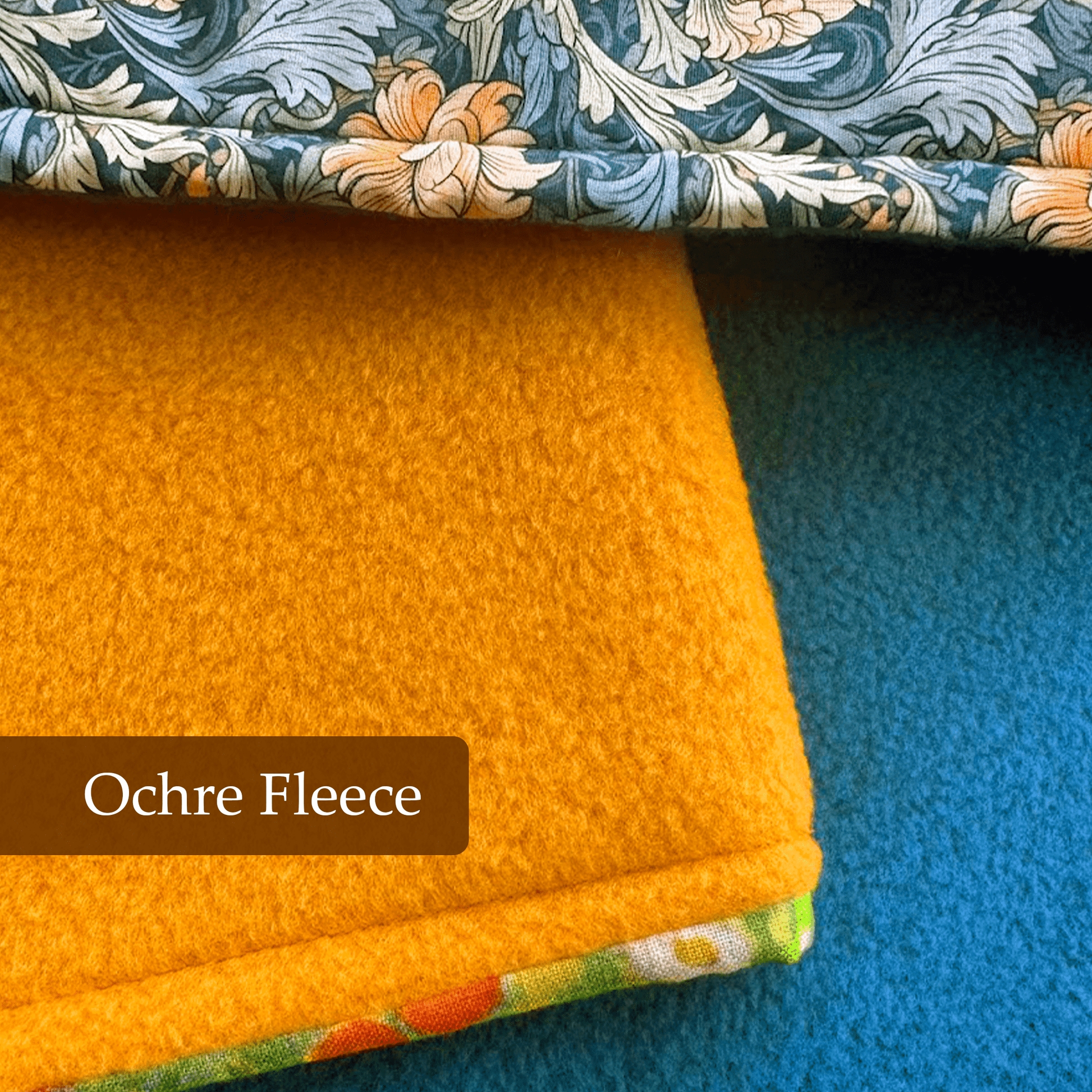 Ochre fleece underside of handmade dog blanket showing soft and warm lining