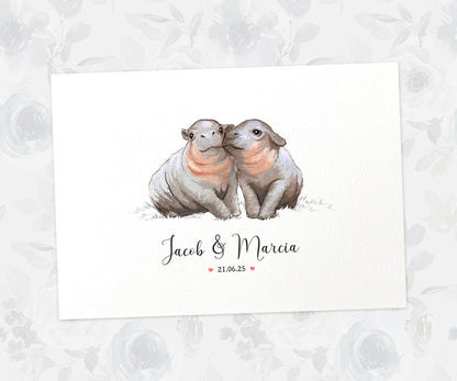 Cute hippo couple print gift for anniversary