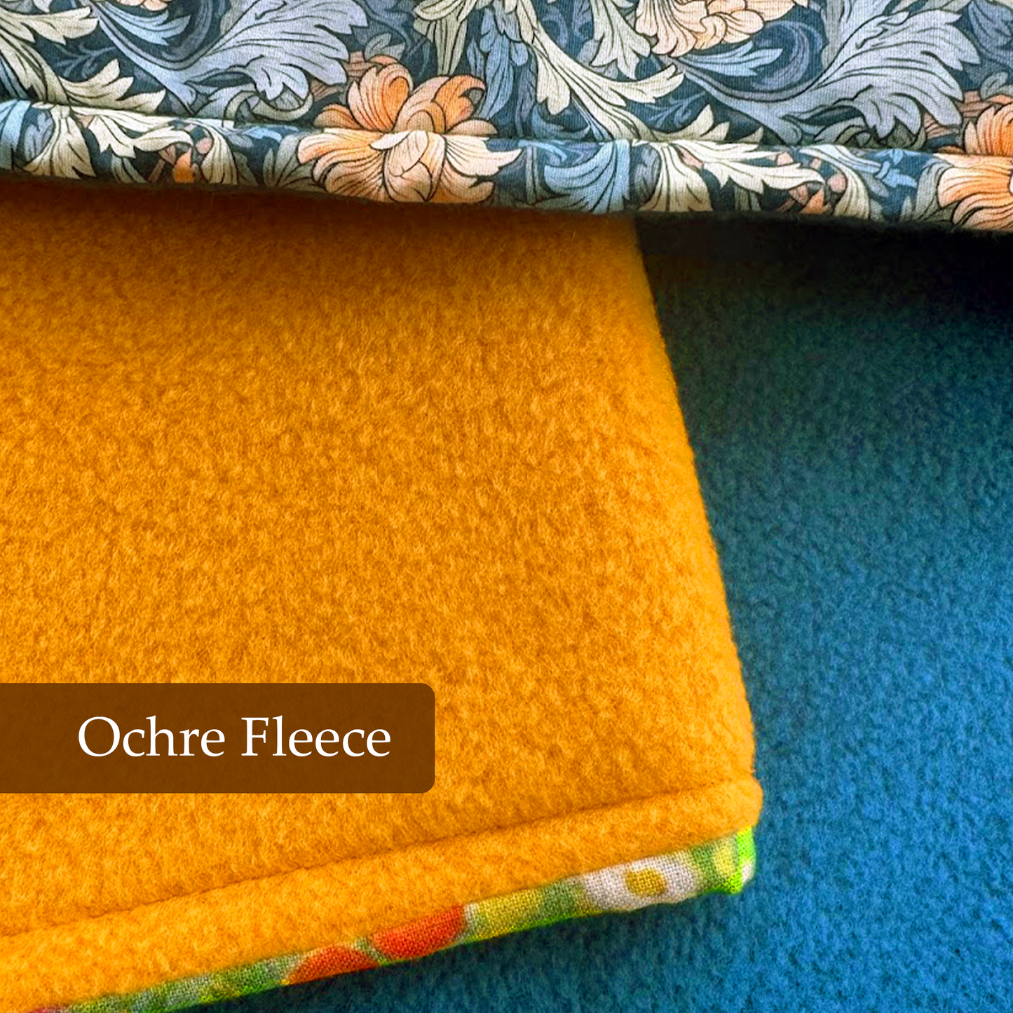 Ochre fleece underside of handmade dog blanket showing soft and warm lining