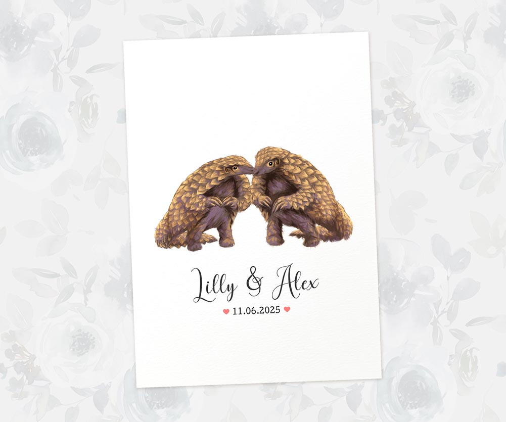Hand-illustrated pangolin love print for couples