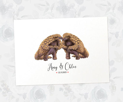 Anniversary pangolin couple art with hearts