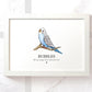 Blue budgie art print with personalized message