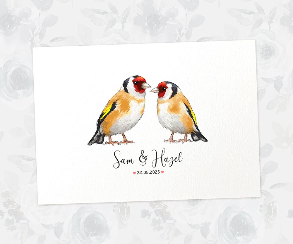 Romantic goldfinch print with names and hearts