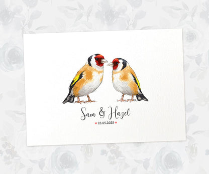 Romantic goldfinch print with names and hearts