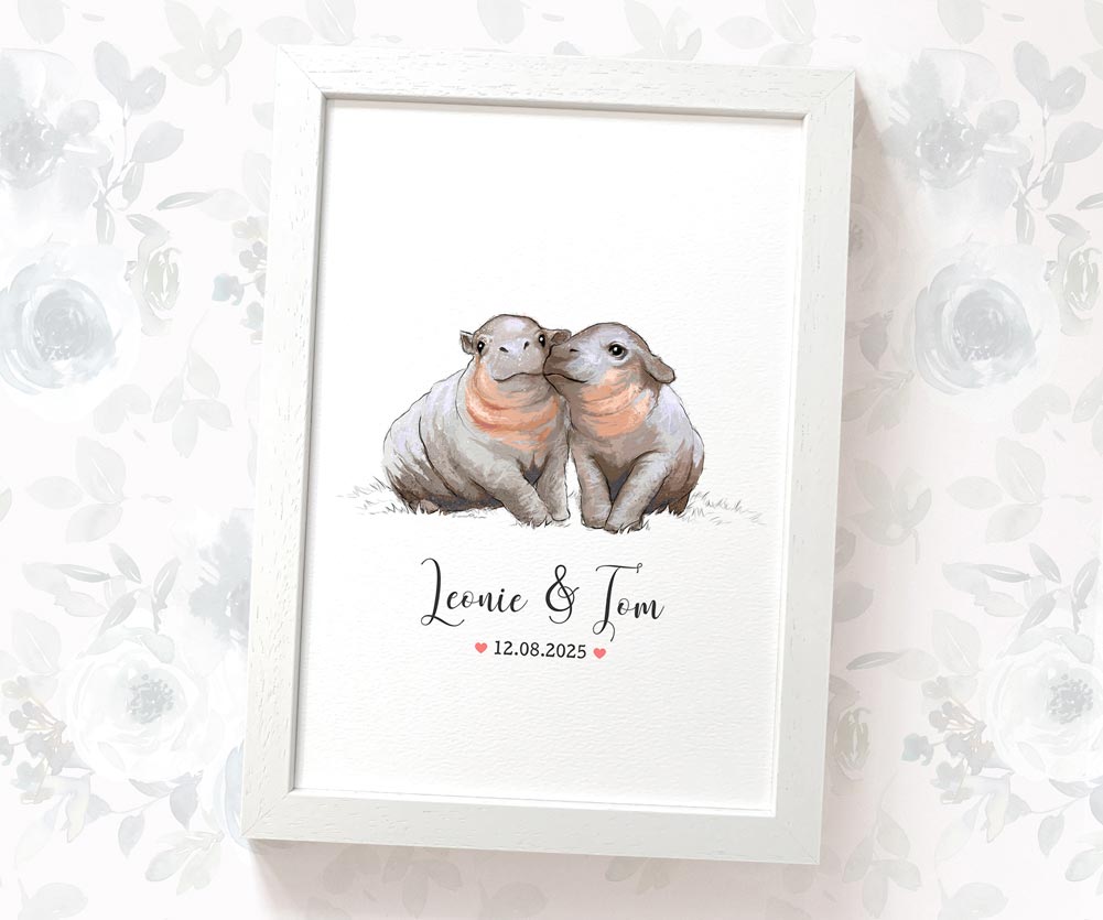 Personalized hippo wedding art with names and heart