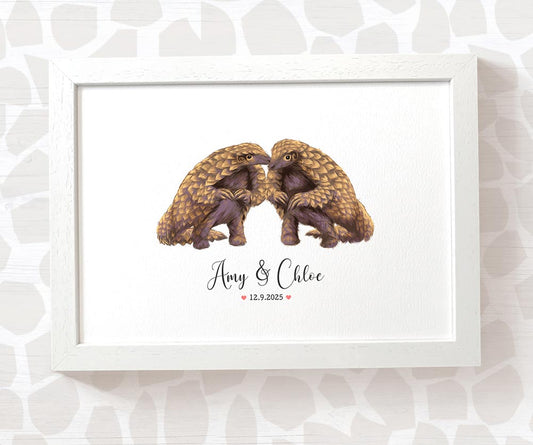 Romantic pangolin couple print with names and date