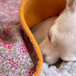 Close-up of pink floral cotton fabric and fleece lining on handmade dog blanket
