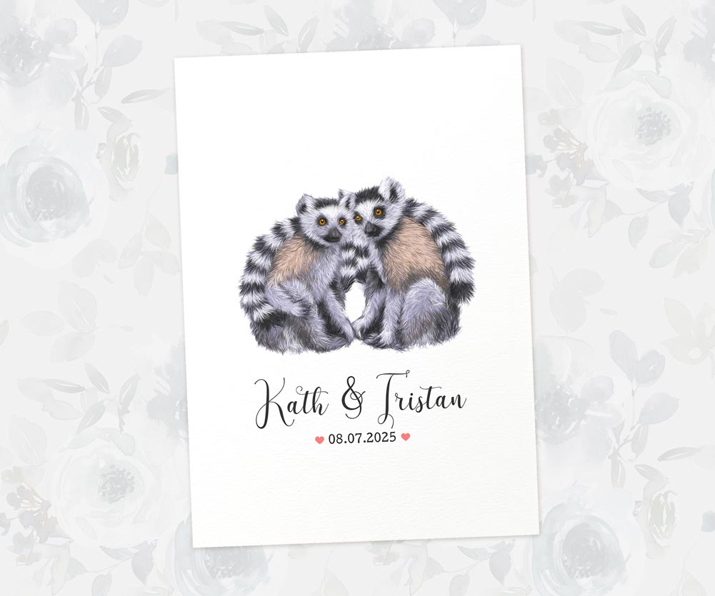 Two lemurs in wedding print on white background