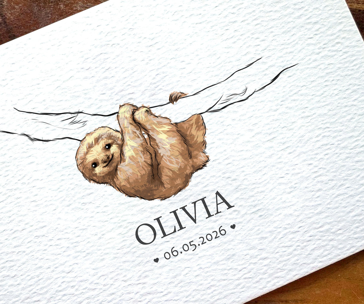 A sloth watercolour-style illustration on textured art paper, personalised with the baby name Olivia and date of birth.