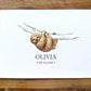 A personalized watercolor art print featuring a brown sloth hanging from a branch, with the name 'OLIVIA' and the date '06.05.