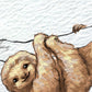 A stylized illustration of a sloth hanging from a thin black wire against a textured off-white background.