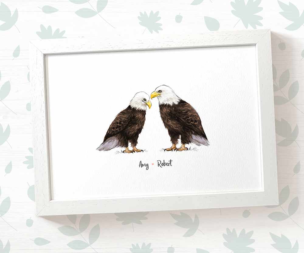 Two bald eagles framed A4 print with personalised names beneath for the best husband or wife gift