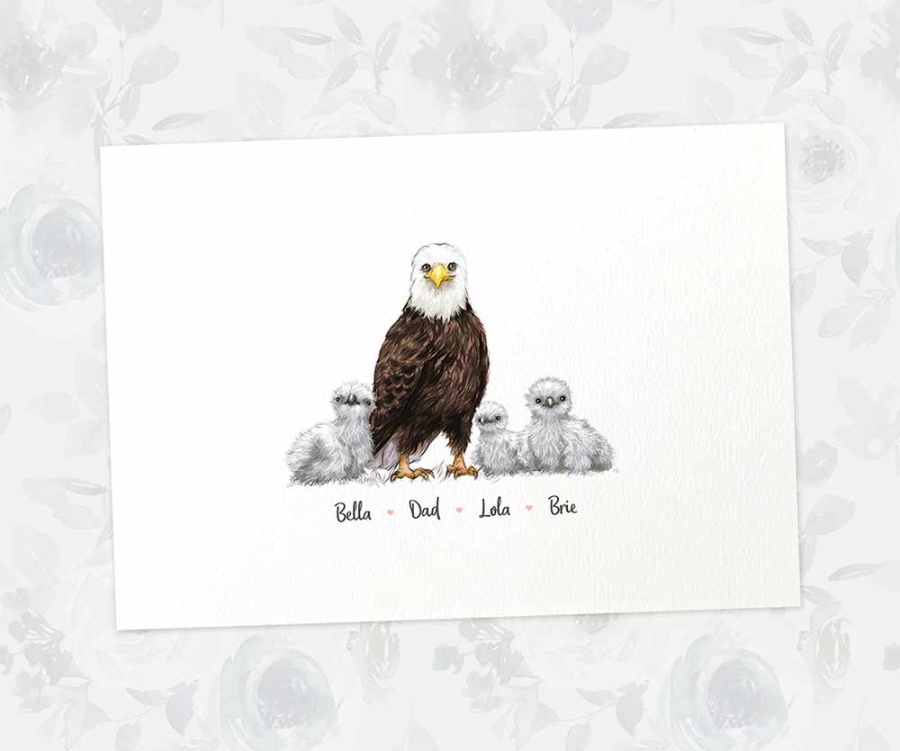 A3 american bald eagle family print featuring dad and children with names beneath for a unique fathers day gift