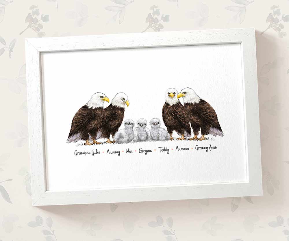 American bald eagle family portrait featuring grandma and grandad with grandchildren and personalised names for the best grandparent gift